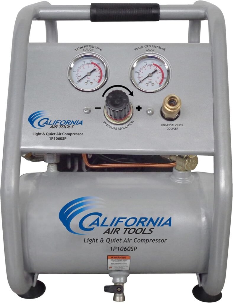 California Air Tools CAT-1P1060S Light  Quiet Portable Air Compressor, Lightweight, Ultra Quiet, Oil-Free, 1 Gallon Steel Tank, .6 HP, 56 dBA Noise Level, Silver