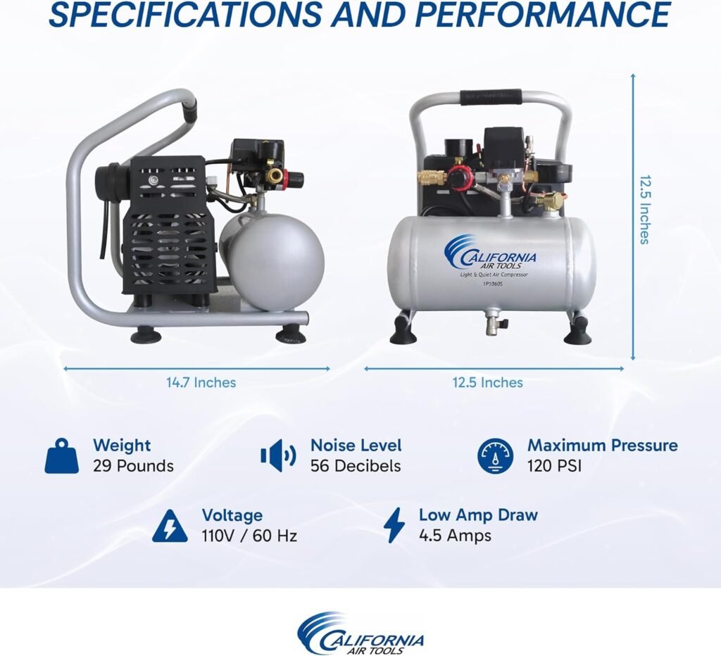California Air Tools CAT-1P1060S Light  Quiet Portable Air Compressor, Lightweight, Ultra Quiet, Oil-Free, 1 Gallon Steel Tank, .6 HP, 56 dBA Noise Level, Silver