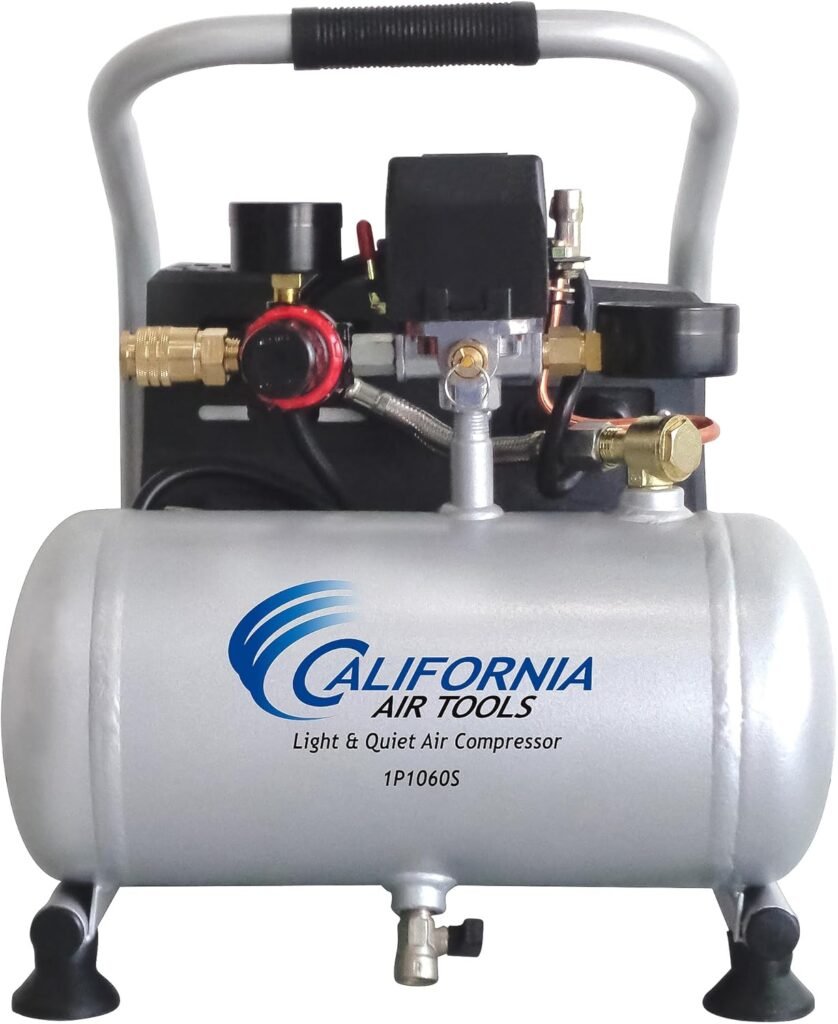 California Air Tools CAT-1P1060S Light  Quiet Portable Air Compressor, Lightweight, Ultra Quiet, Oil-Free, 1 Gallon Steel Tank, .6 HP, 56 dBA Noise Level, Silver