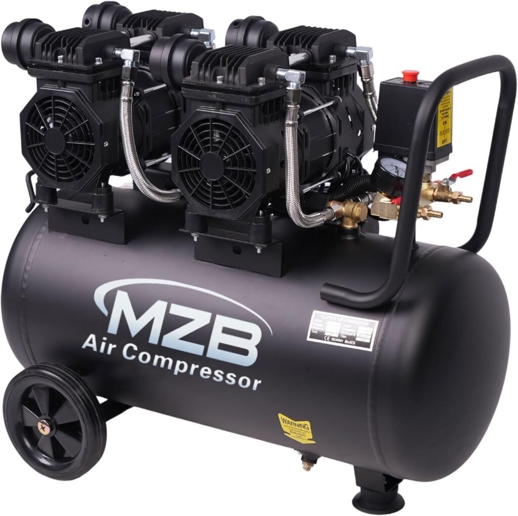 MZB 6.4 Gallon Ultra Quiet Air Compressor 110V/60Hz 7.41CFM 1.5HP, MAX 115PSI Steel Tanks Oil-Free 70dB Noise Level Air Compressor with Wheels for Spray Painting, Auto Repair, Carpentry Decoration