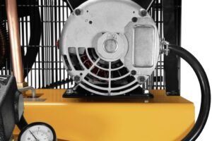 DEWALT 80 Gallon Vertical Air Compressor with 2 Stage Oil Lubricated Pump, Heavy Duty 240V Induction Motor, 175 Max PSI, 14.6 SCFM @ 100 PSI, Durable and efficient, Ideal for Industrial Use.