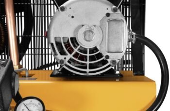 DEWALT 80 Gallon Vertical Air Compressor with 2 Stage Oil Lubricated Pump, Heavy Duty 240V Induction Motor, 175 Max PSI, 14.6 SCFM @ 100 PSI, Durable and efficient, Ideal for Industrial Use.