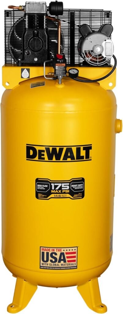 DEWALT Gallon Vertical Air Compressor with Stage Oil Lubricated Pump, Heavy Duty 240V Induction Motor, Max PSI, 14.6 SCFM @ PSI, Durable and efficient, Ideal for Industrial Use.