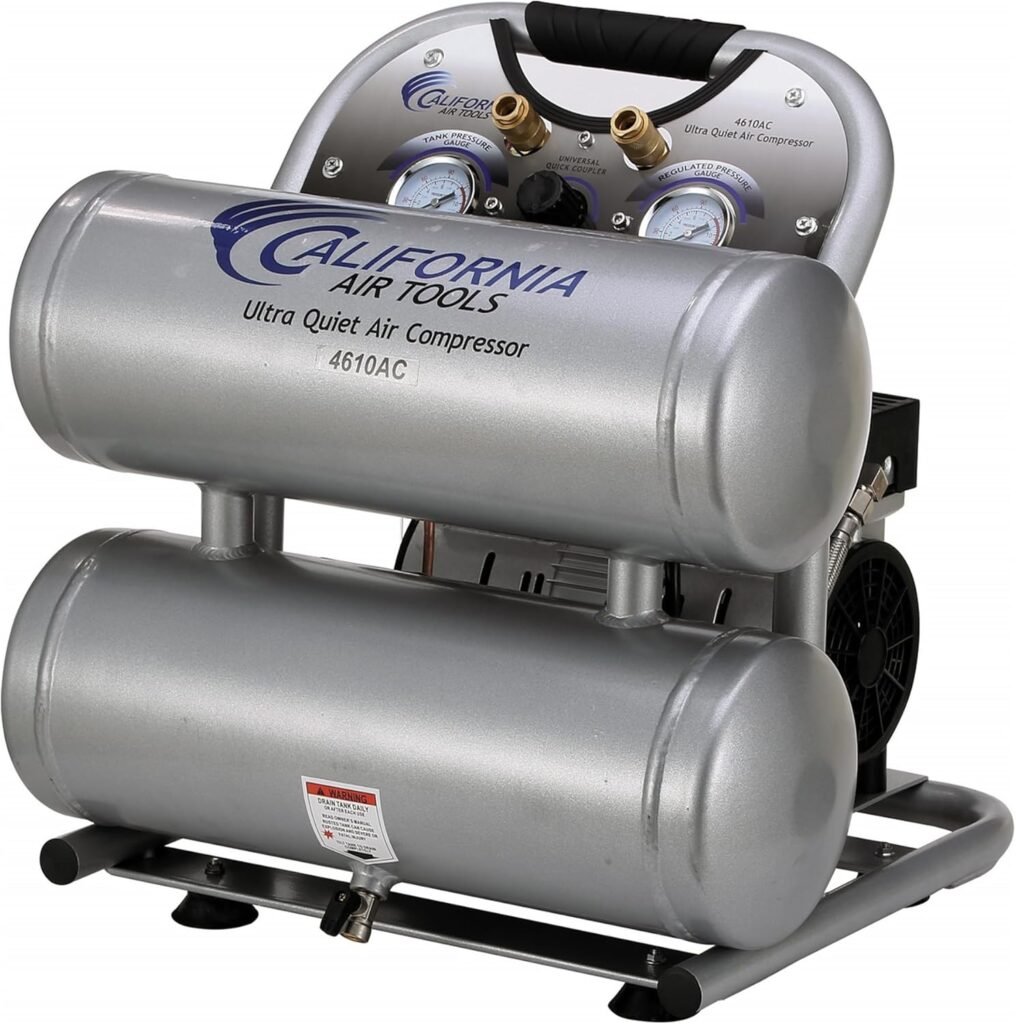 California Air Tools CAT-4610AC Ultra Quiet Oil-Free 1.0 hp 4.6 gallon Aluminum Twin Tank Electric Portable Air Compressor, Silver