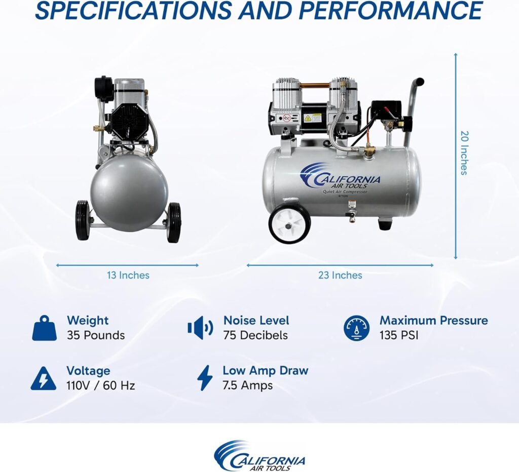 California Air Tools CAT-4710W 1.0 HP Quiet and Oil-Free Air Compressor with Wheels, 4.7 Gallon Steel Tank, dBA Noise Level, Lightweight California Air Tools CAT-4710W 1.0 HP Quiet and Oil-Free Air Compressor with Wheels, 4.7 Gallon Steel Tank, dBA Noise Level, Lightweight