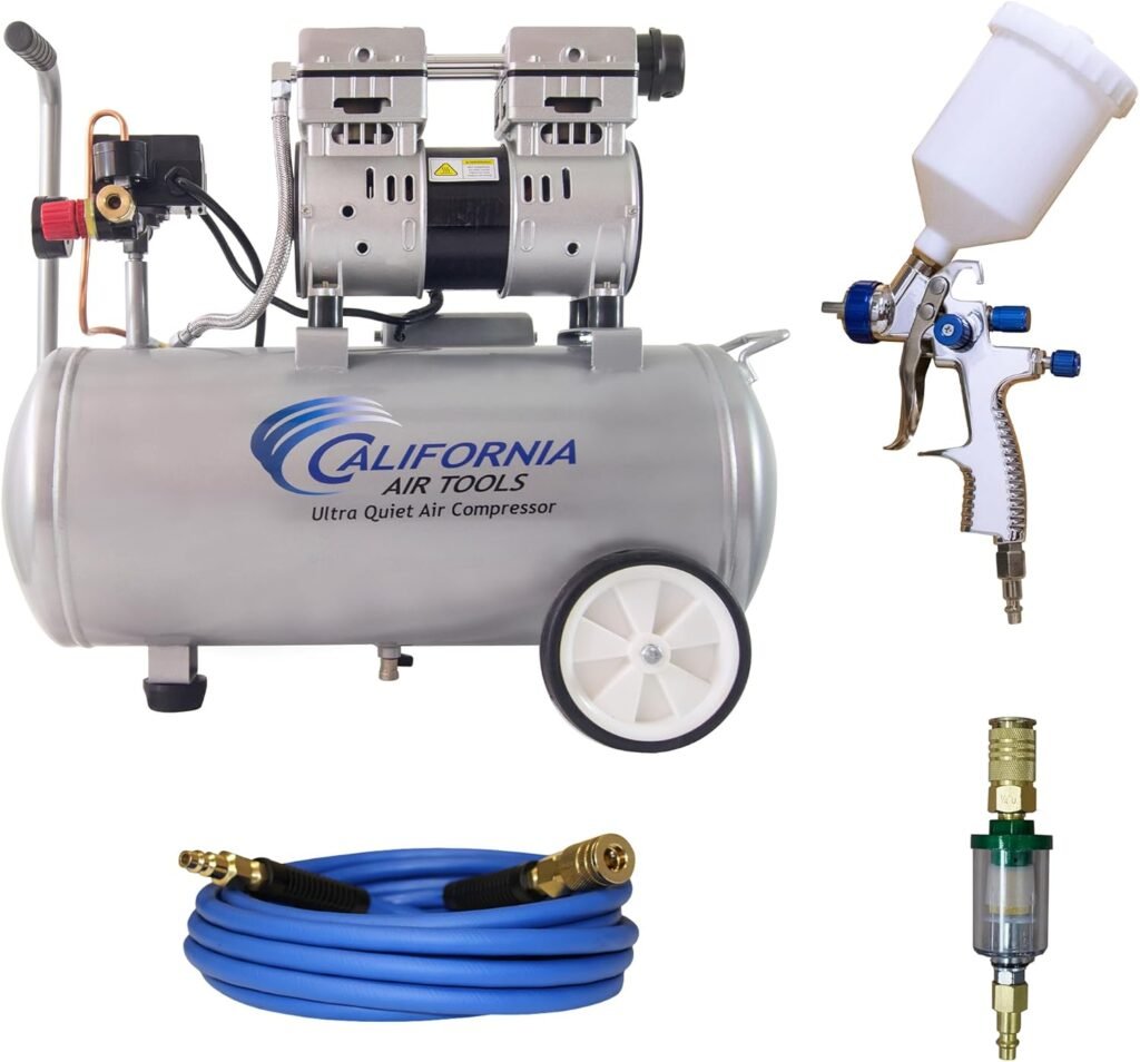 California Air Tools PK 1.0 HP Ultra Quiet and Oil-Free Air Compressor and LVLP Spray Painting Kit, Gallon Steel Tank, Lightweight with Wheels, dBA Noise Level