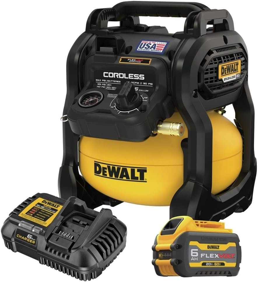 DEWALT 20V MAX* Portable Cordless Air Compressor Kit, 2.5 Gallons, PSI, Brushless with Battery Charger (DCC2520T1) DEWALT 20V MAX* Portable Cordless Air Compressor Kit, 2.5 Gallons, PSI, Brushless with Battery Charger (DCC2520T1)
