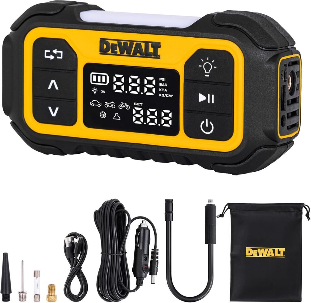 DEWALT Tire Inflator Portable Air Compressor,150 PSI Mini Electric Bike Pump with Gauge, Portable Air Pump for Car, Motorcycle, Bike,Ball - 12V DC Battery, LED Light Auto Shut-Off DEWALT Tire Inflator Portable Air Compressor,150 PSI Mini Electric Bike Pump with Gauge, Portable Air Pump for Car, Motorcycle, Bike,Ball - 12V DC Battery, LED Light Auto Shut-Off
