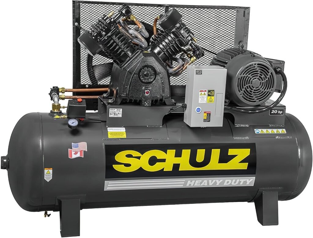 Schulz 10120HL40X-3-460 L-Series Piston Compressor, CFM, Horsepower, Up to PSI, 208-230V, Stages, Gallon Tank, Cast Iron Construction, Auto start/stop Pressure Switch Operation Schulz 10120HL40X-3-460 L-Series Piston Compressor, CFM, Horsepower, Up to PSI, 208-230V, Stages, Gallon Tank, Cast Iron Construction, Auto start/stop Pressure Switch Operation