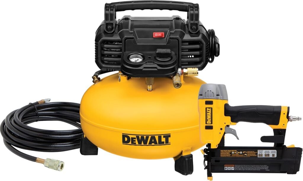 DEWALT Pancake Air Compressor with Max PSI and 2.6 CFM @ PSI and Gauge Brad Nailer Combo Kit DEWALT Pancake Air Compressor with Max PSI and 2.6 CFM @ PSI and Gauge Brad Nailer Combo Kit