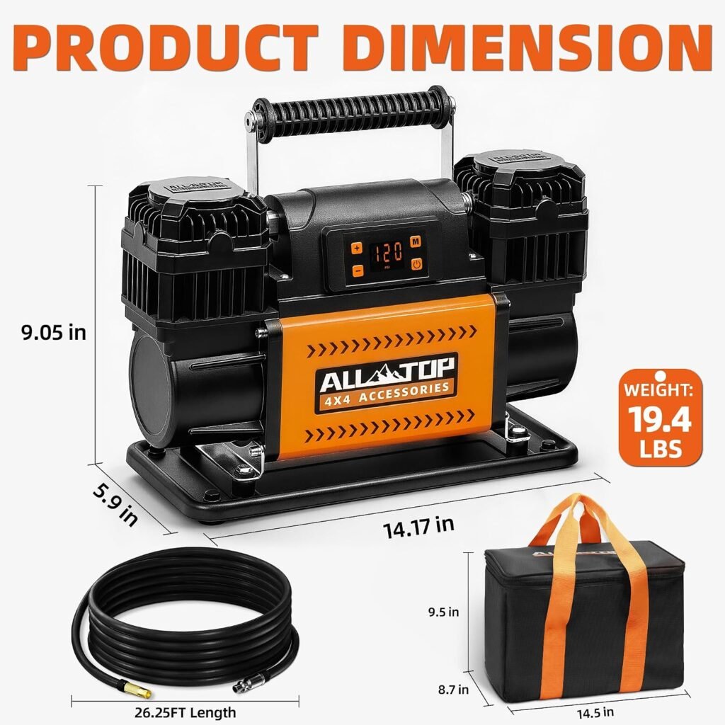 ALL-TOP 12V Air Compressor w/LCD Control Panel to Preset Target Pressure, 150PSI 12.35CFM Air Pump Inflator for Overland (Dual Cylinder) ALL-TOP 12V Air Compressor w/LCD Control Panel to Preset Target Pressure, 150PSI 12.35CFM Air Pump Inflator for Overland (Dual Cylinder)