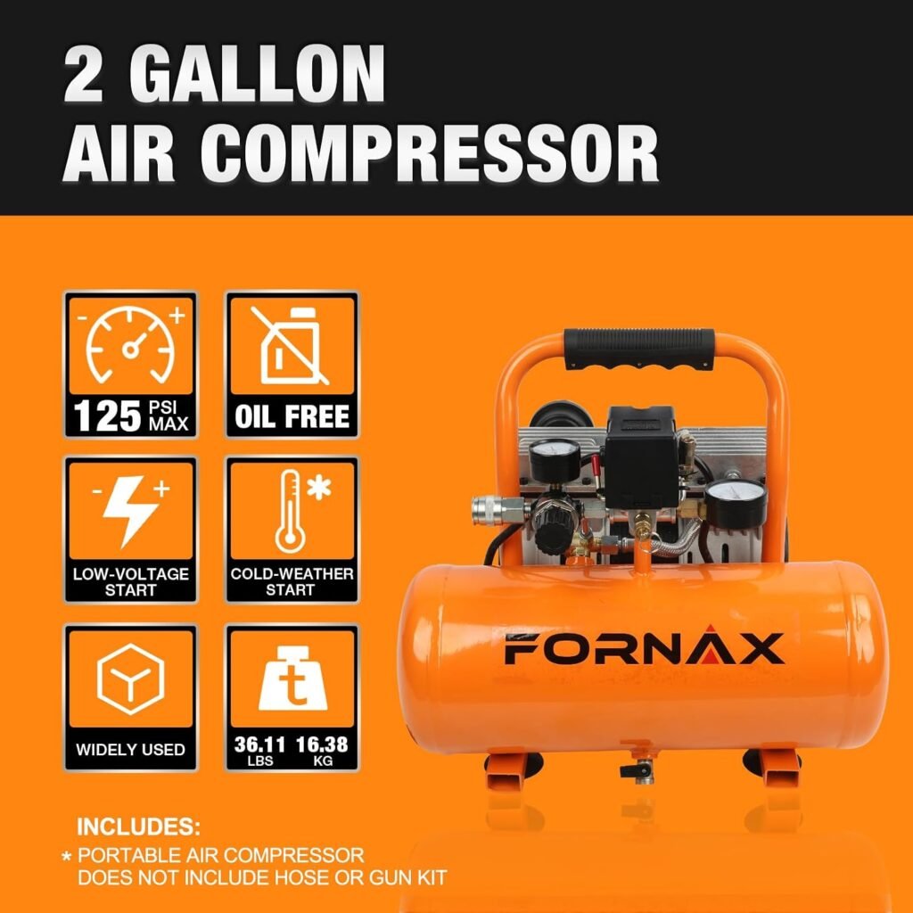 FORNAX Air Compressor, Gallon Oil-Free Portable Compressor, 120V 1HP, 2.2 CFM @ PSI, Max PSI, 65dB Ultra Quiet Portable Compressor for Tire Inflation, Auto Repair, Spray Painting